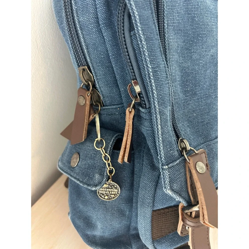 Washed Blue Canvas Sling Backpack One Strap Crossbody Bag Brown Trim Messenger